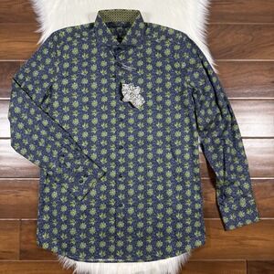 Luchiano Visconti Black Men's Size Small Green Blue Leaf Print Long Sleeve Shirt